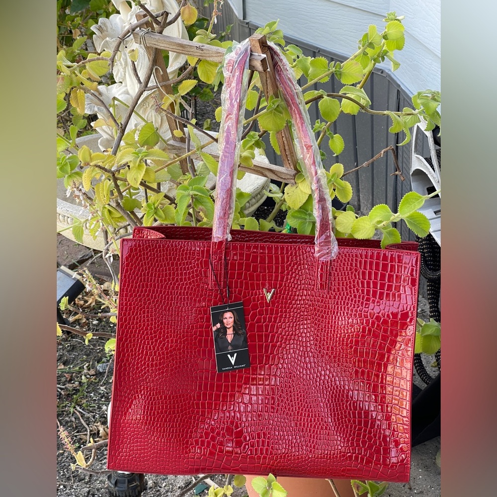 VANESSA WILLIAMS Vibrant Red Croc-Embossed Tote Bag - Picture 11 of 15
